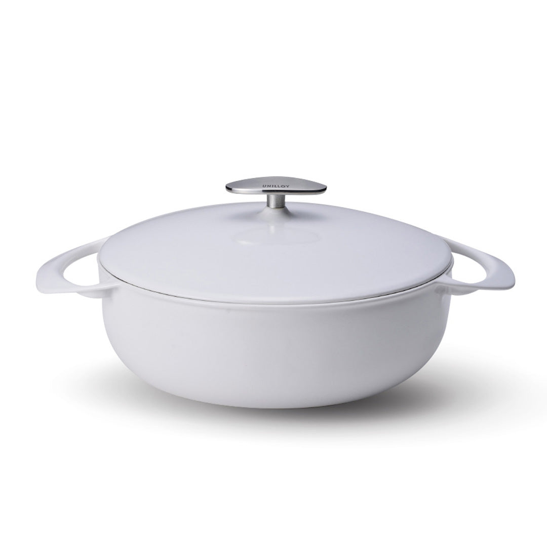 Unilloy Shallow Enamel Cast Iron Casserole – White – 22cm or 24cm – Lightweight Japanese Craftsmanship