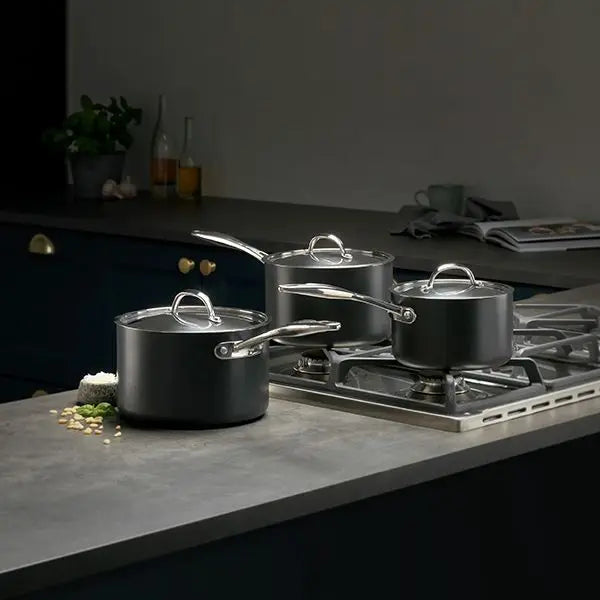 Stellar Hard Anodised, 3 Piece Saucepan Set, Non-Stick